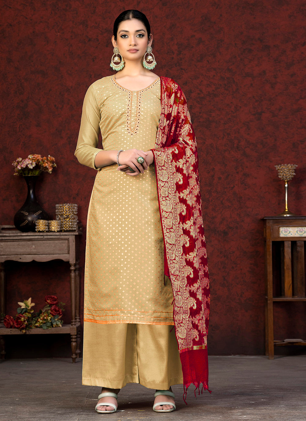 Banarasi Silk Salwar Suit for Women | Santoon Bottom & Woven Jacquard Dupatta