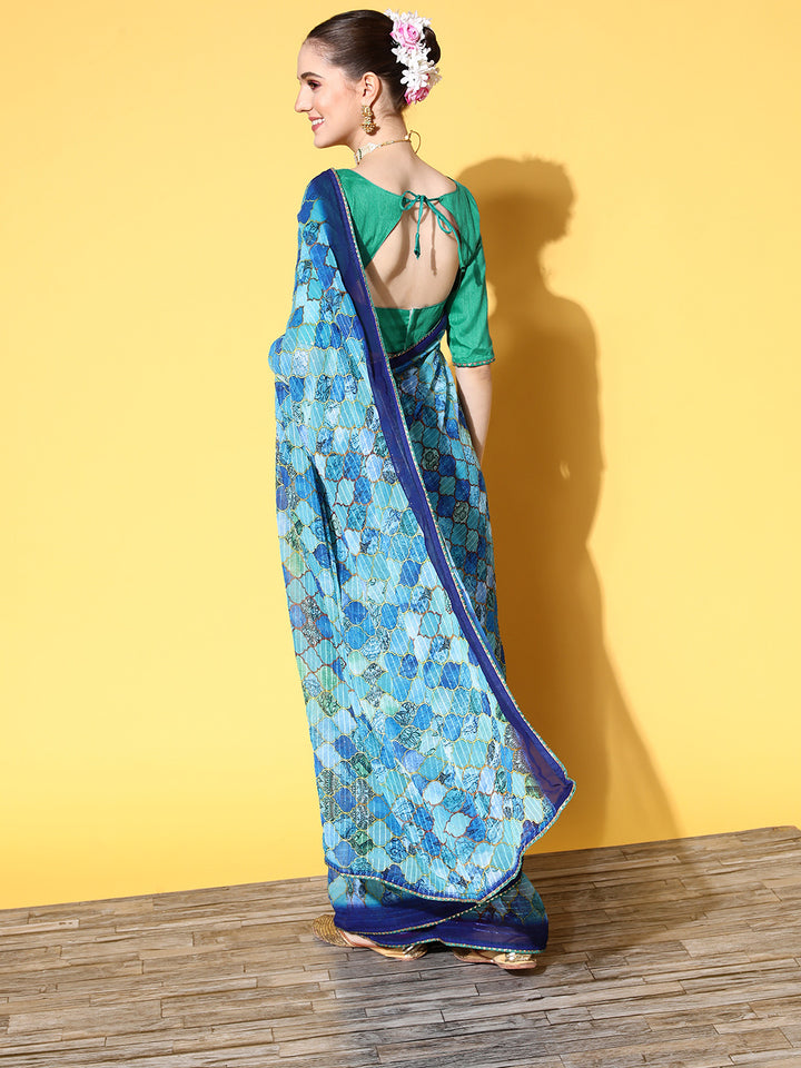 Designer Printed Georgette Saree with Embroidered Art-Silk Blouse | Perfect for Weddings & Special Events