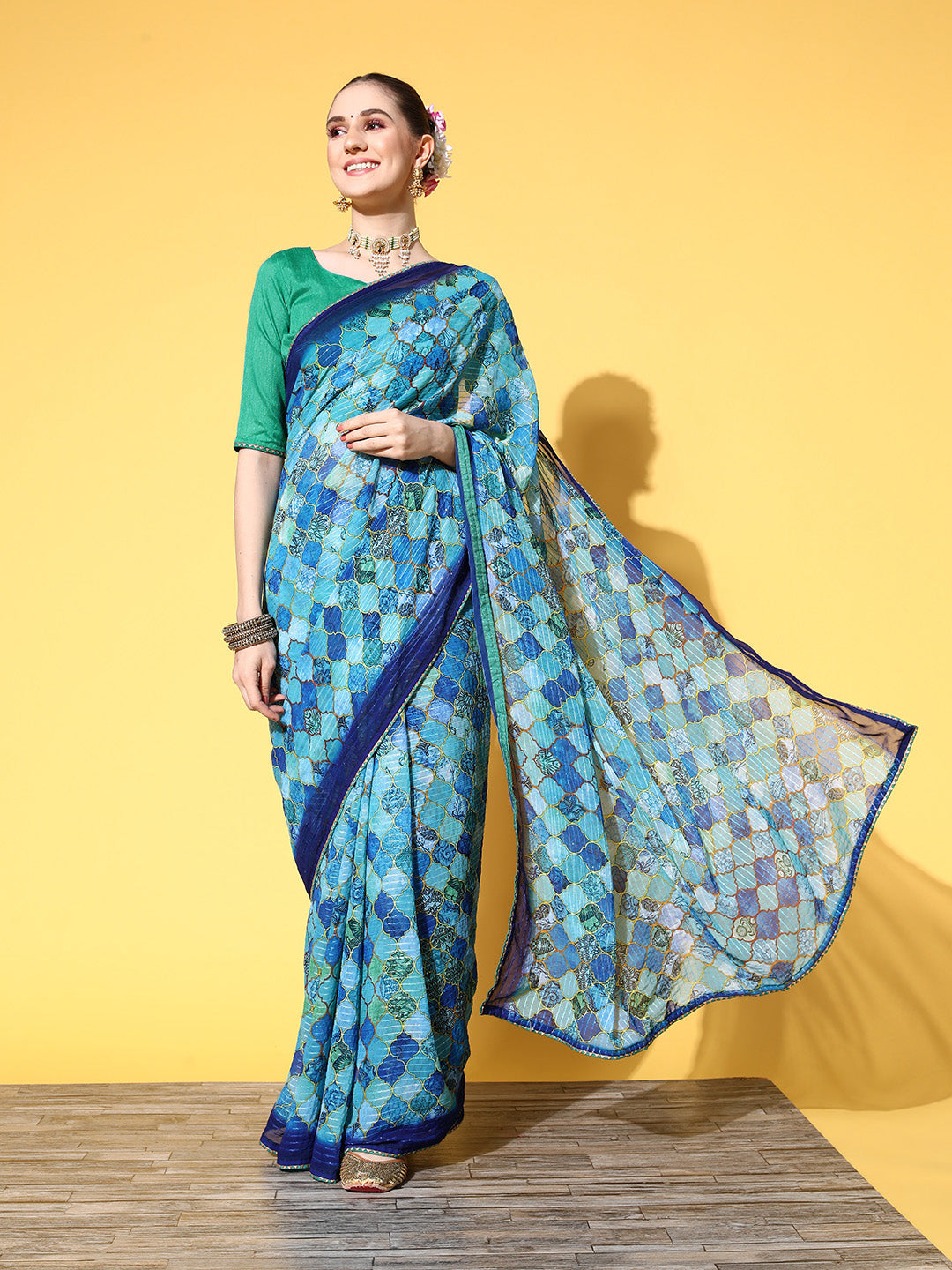 Designer Printed Georgette Saree with Embroidered Art-Silk Blouse | Perfect for Weddings & Special Events