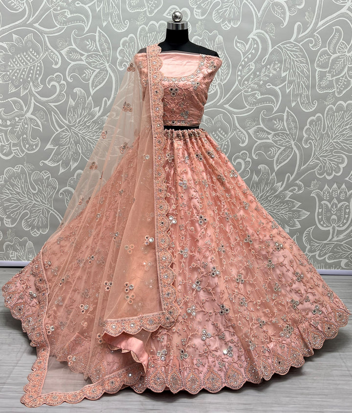 Sophisticated Peach Bridal Net Lehenga with Peach Dupatta | A Captivating Traditional Ensemble