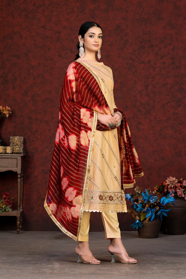 Yellow Modal Chanderi Salwar Suit | Embroidery with Santoon Bottom