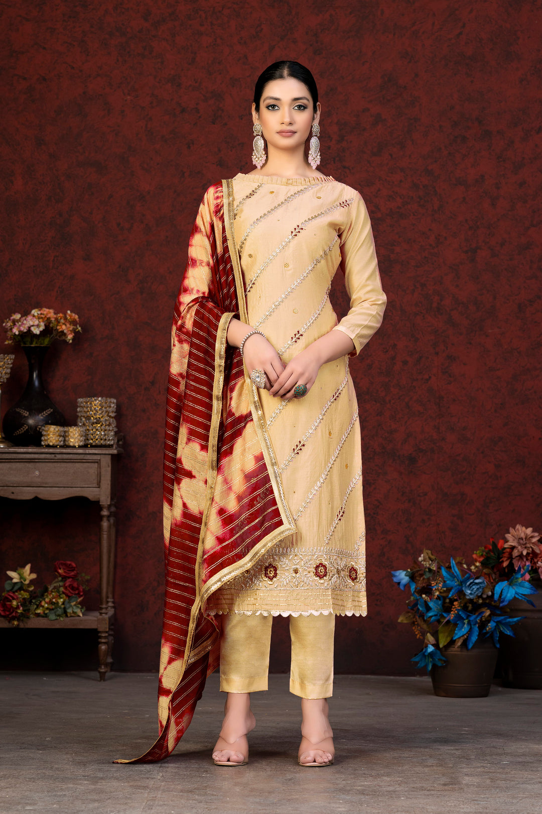 Yellow Modal Chanderi Salwar Suit | Embroidery with Santoon Bottom