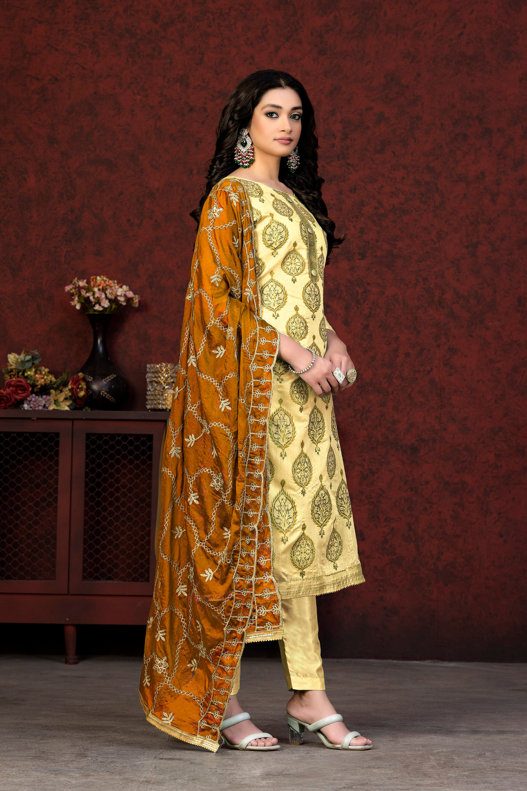 Designer Lemon Modal Chanderi Salwar Suit | Printed & Embroidered Dupatta