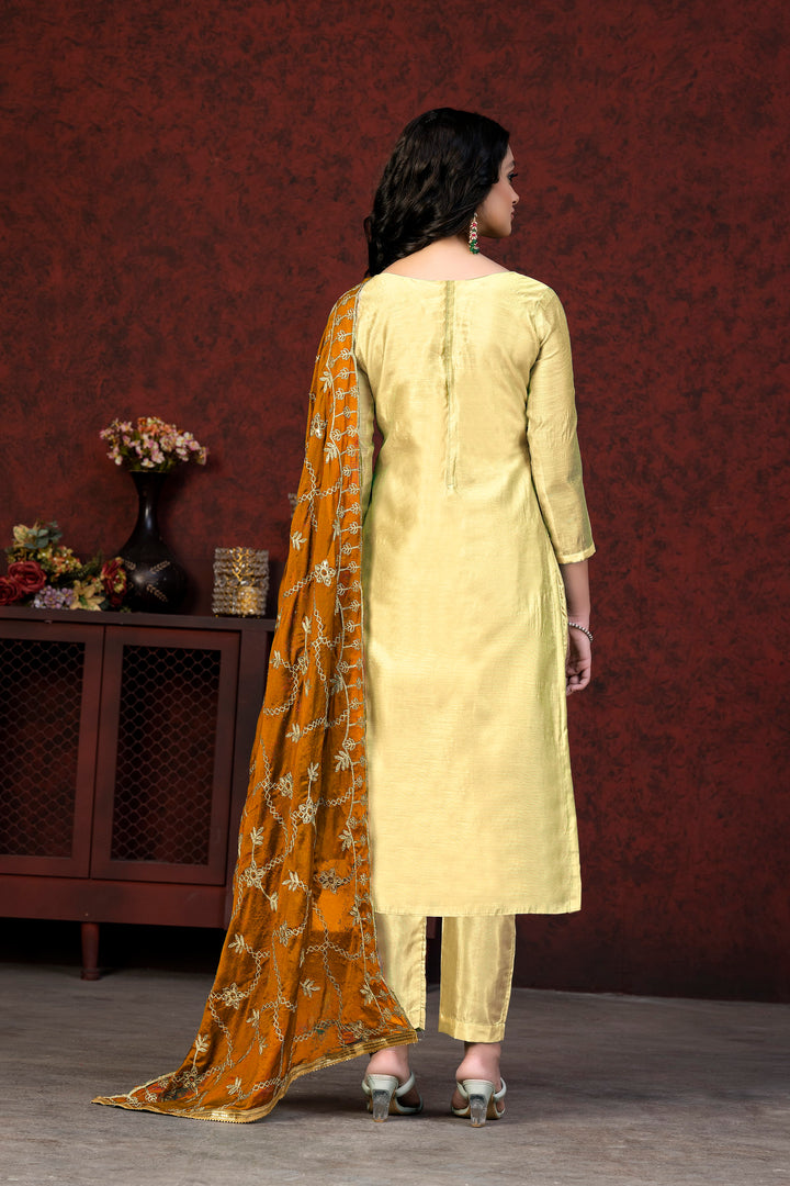 Designer Lemon Modal Chanderi Salwar Suit | Printed & Embroidered Dupatta