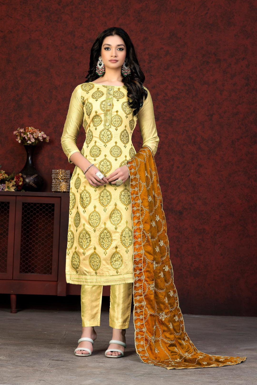 Designer Lemon Modal Chanderi Salwar Suit | Printed & Embroidered Dupatta