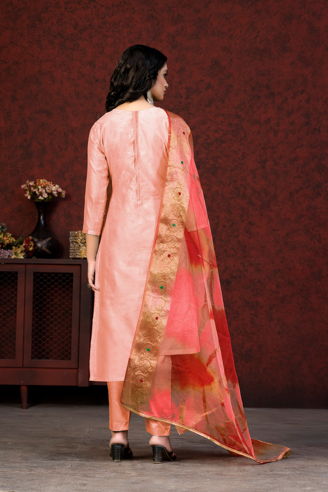 Peach Modal Chanderi Salwar Suit | Nazmin Dupatta with Embroidery & Hand Work