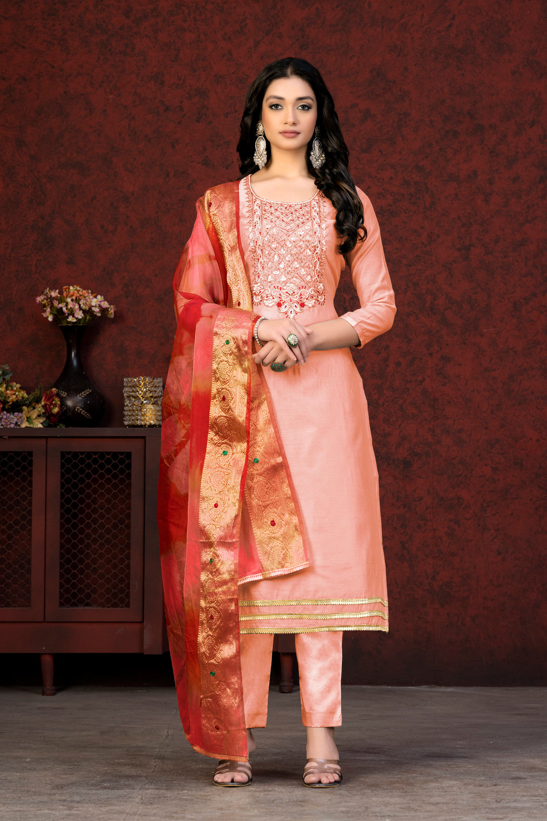 Peach Modal Chanderi Salwar Suit | Nazmin Dupatta with Embroidery & Hand Work