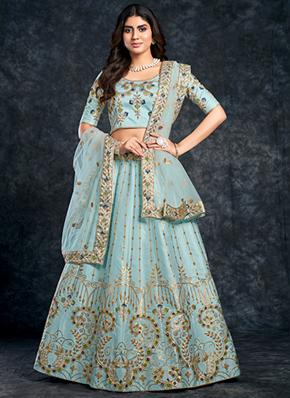 Breathtaking Sky-Blue Italian Silk Lehenga with Sky Blue Dupatta | Unmatched Beauty for Grand Occasions