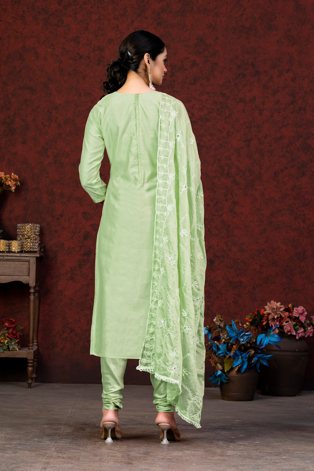 Pista Green Modal Chanderi Salwar Suit | Nazmin Dupatta with Embroidery Work