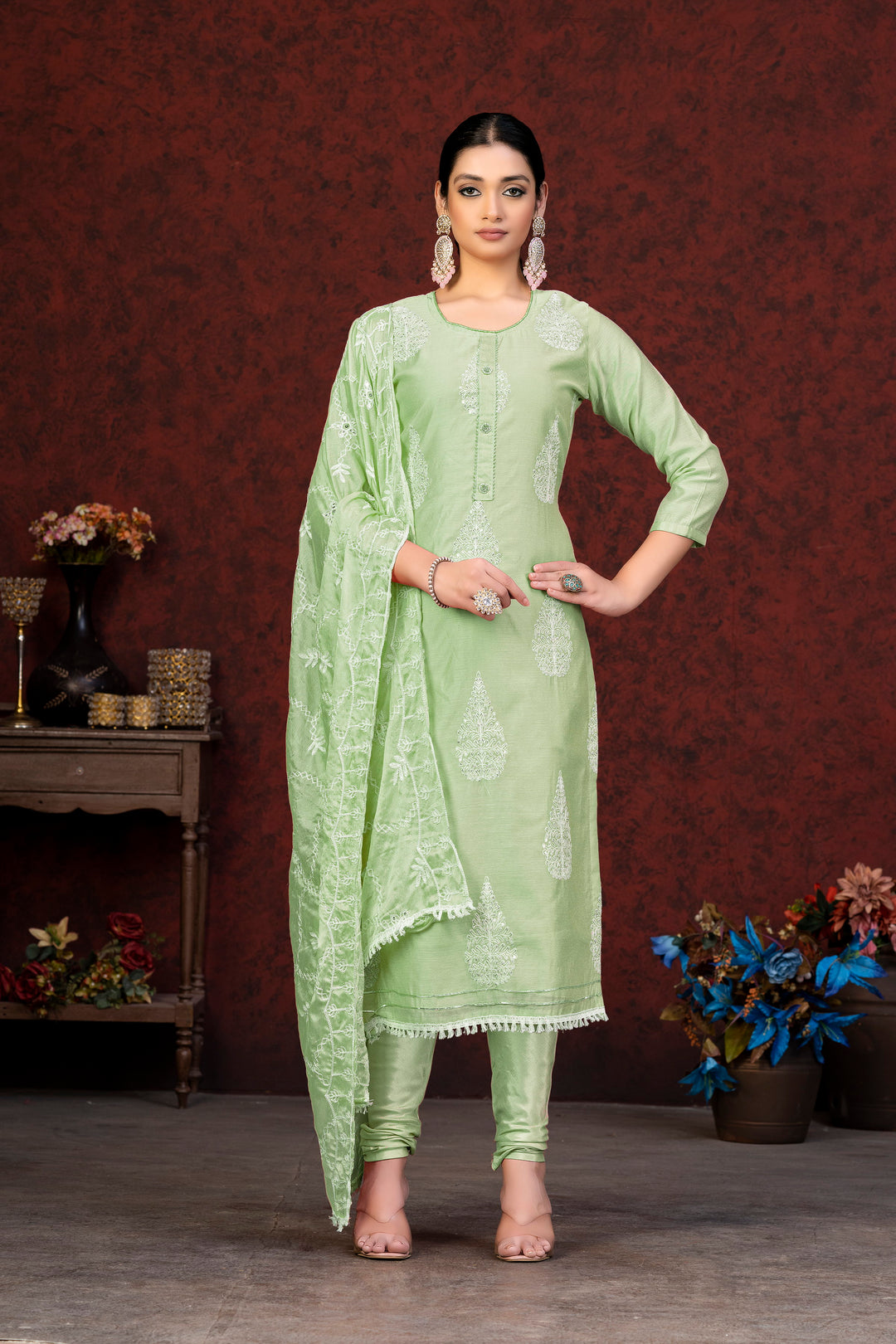 Pista Green Modal Chanderi Salwar Suit | Nazmin Dupatta with Embroidery Work