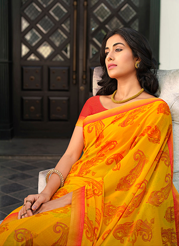 Georgette Saree with Digital Print & Lace | Malai Silk Blouse for Events