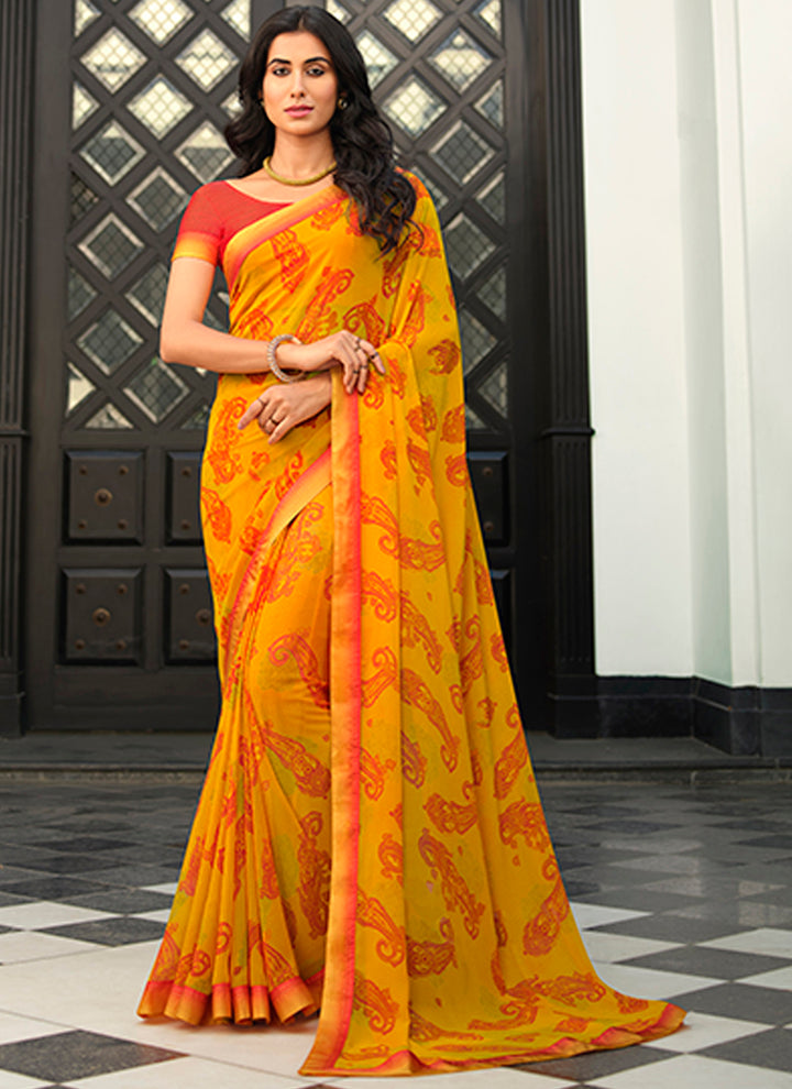 Georgette Saree with Digital Print & Lace | Malai Silk Blouse for Events