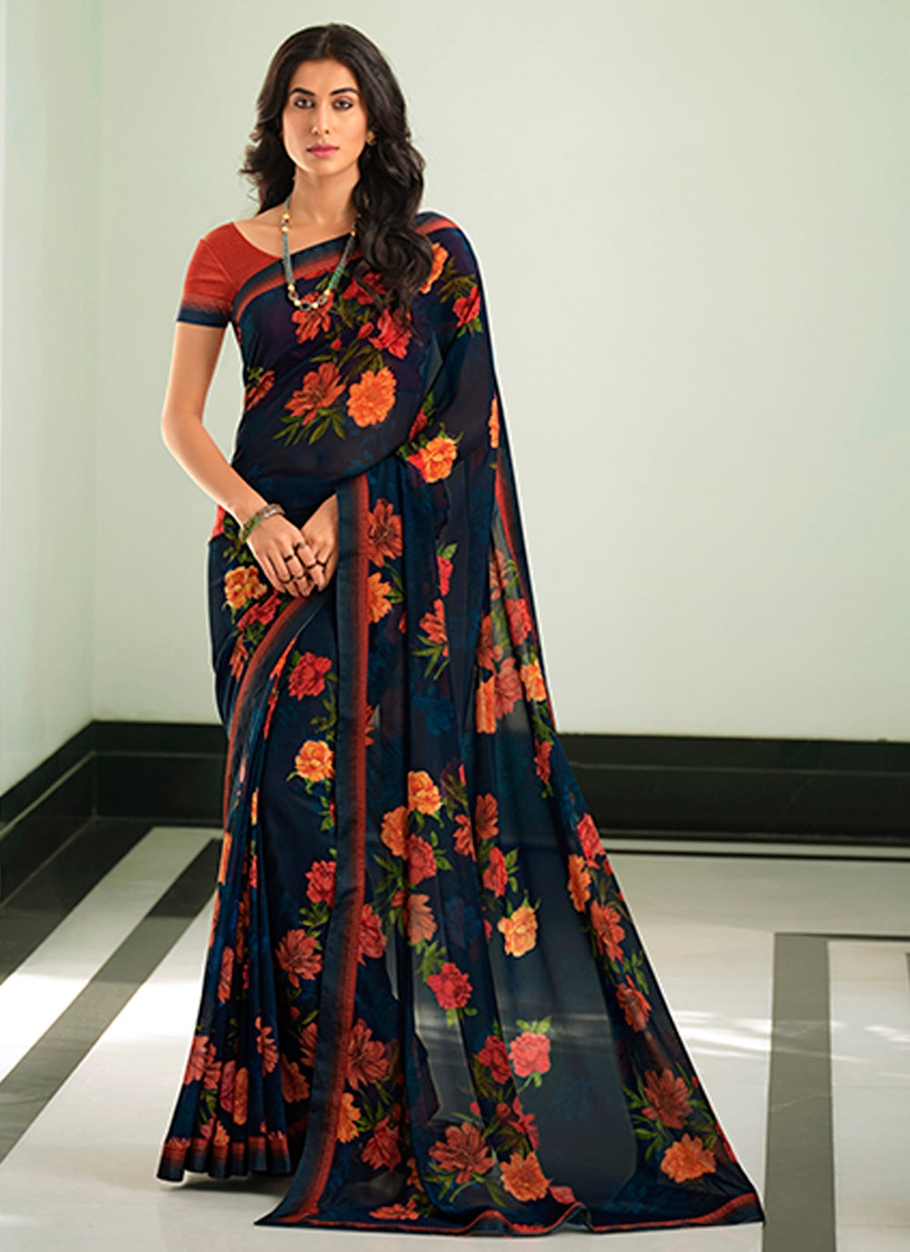 Dark Blue Georgette Saree | Digital Print with Lace Work for Special Events