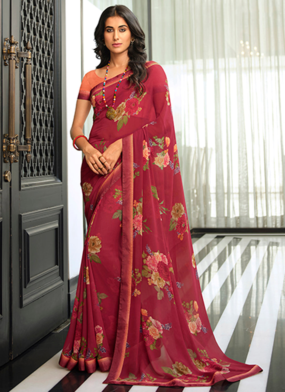 Elegant Georgette Saree with Digital Print & Lace Work | Perfect for Weddings & Special Events