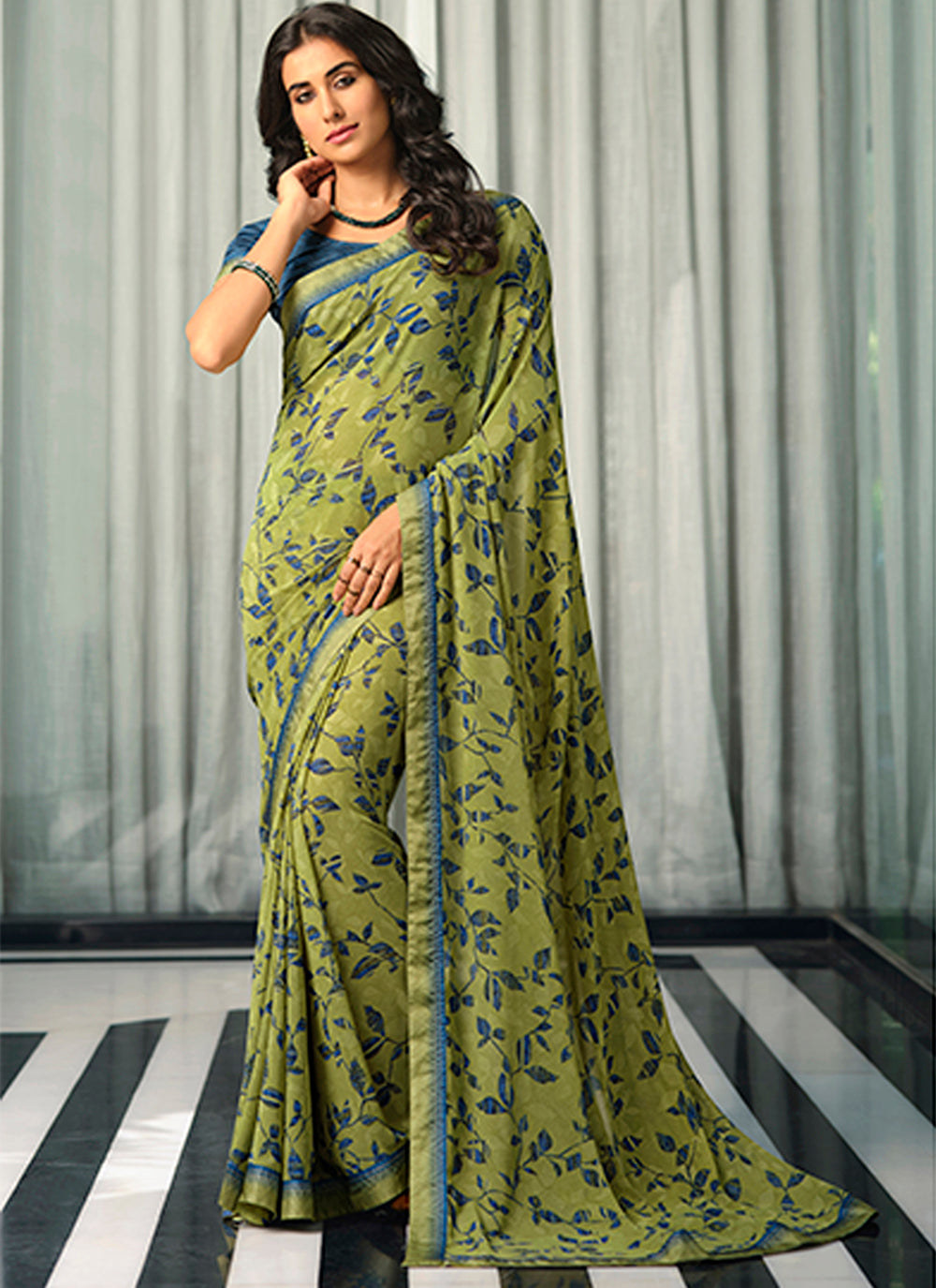 Georgette Saree with Digital Print & Lace | Malai-Silk Blouse for Events