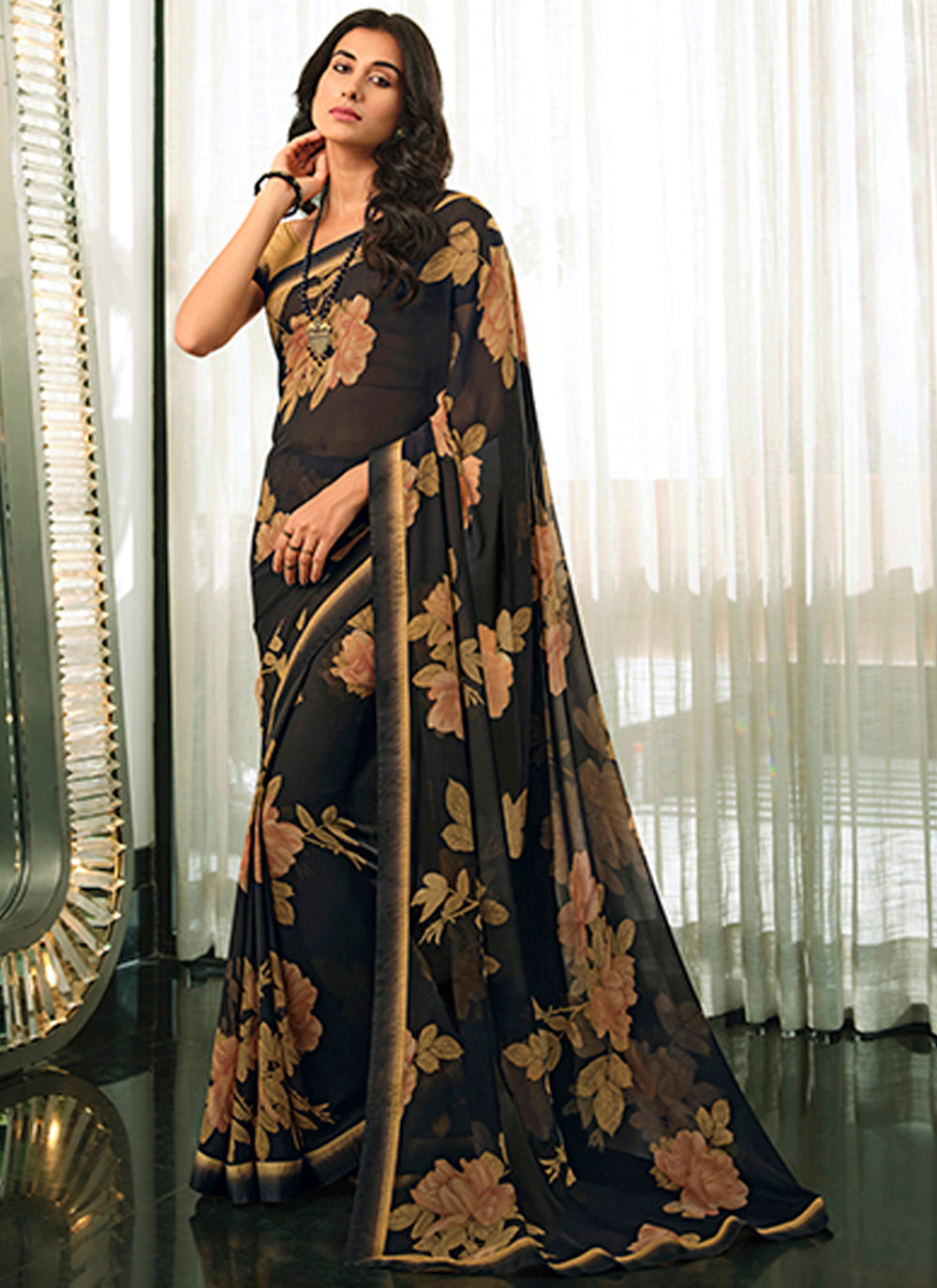 Georgette Saree with Digital Print & Lace Work | Elegant Party Wear