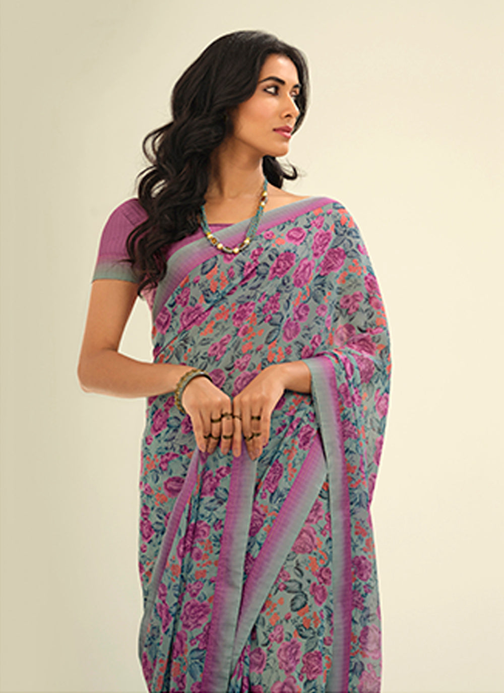 Georgette Saree with Digital Print & Lace | Malai Silk Blouse for Events