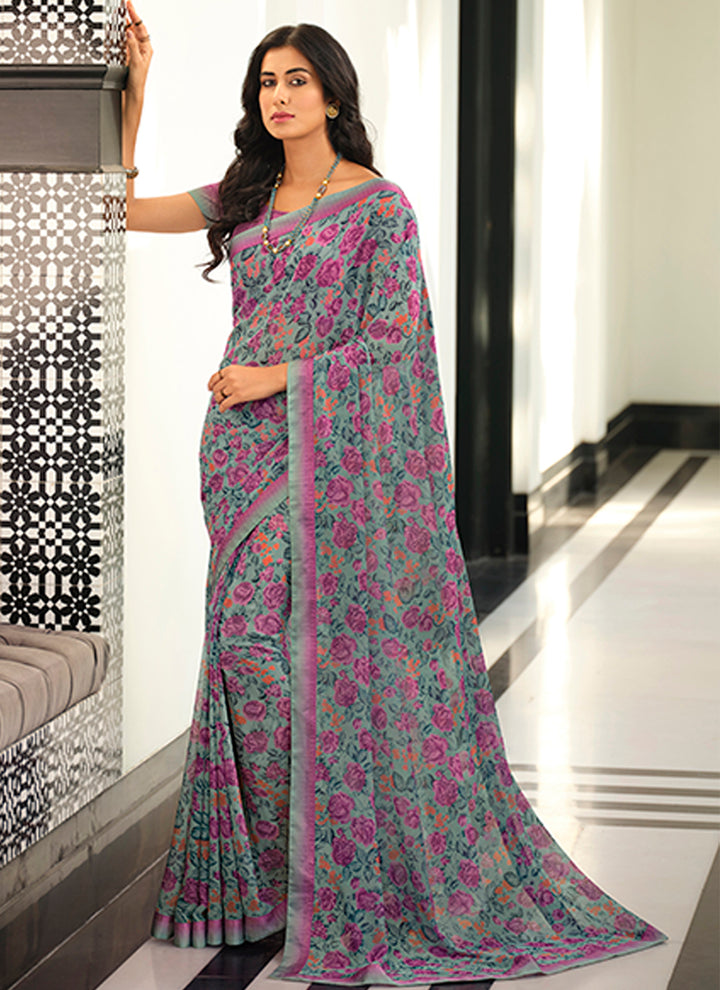 Georgette Saree with Digital Print & Lace | Malai Silk Blouse for Events