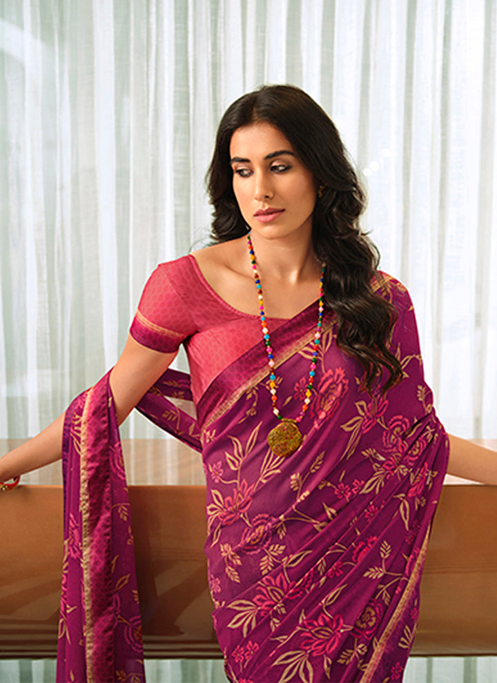 Georgette Saree with Digital Print & Lace Work | Malai Silk Blouse for Events