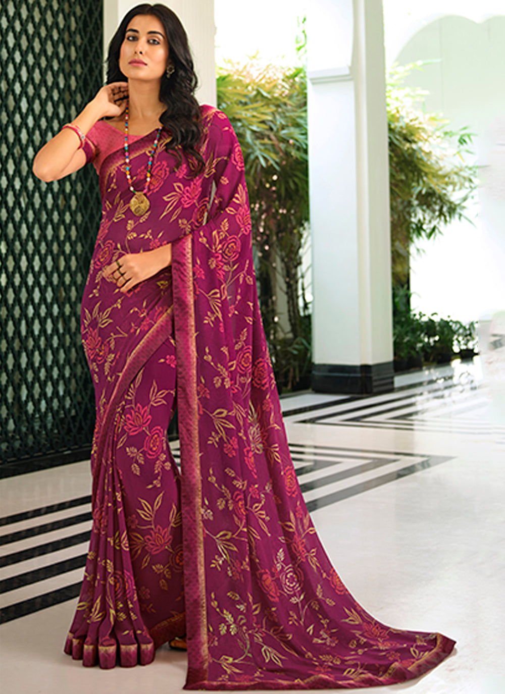 Georgette Saree with Digital Print & Lace Work | Malai Silk Blouse for Events