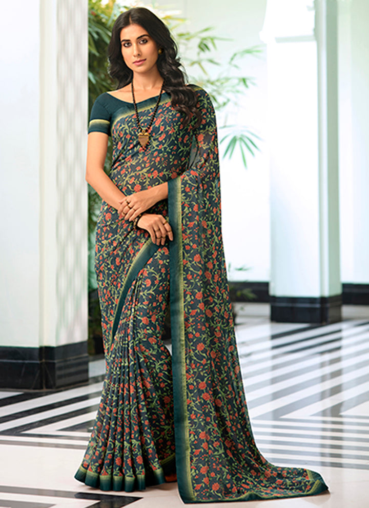 Georgette Saree with Lace Work | Digital Printed Malai-Silk Blouse for Events