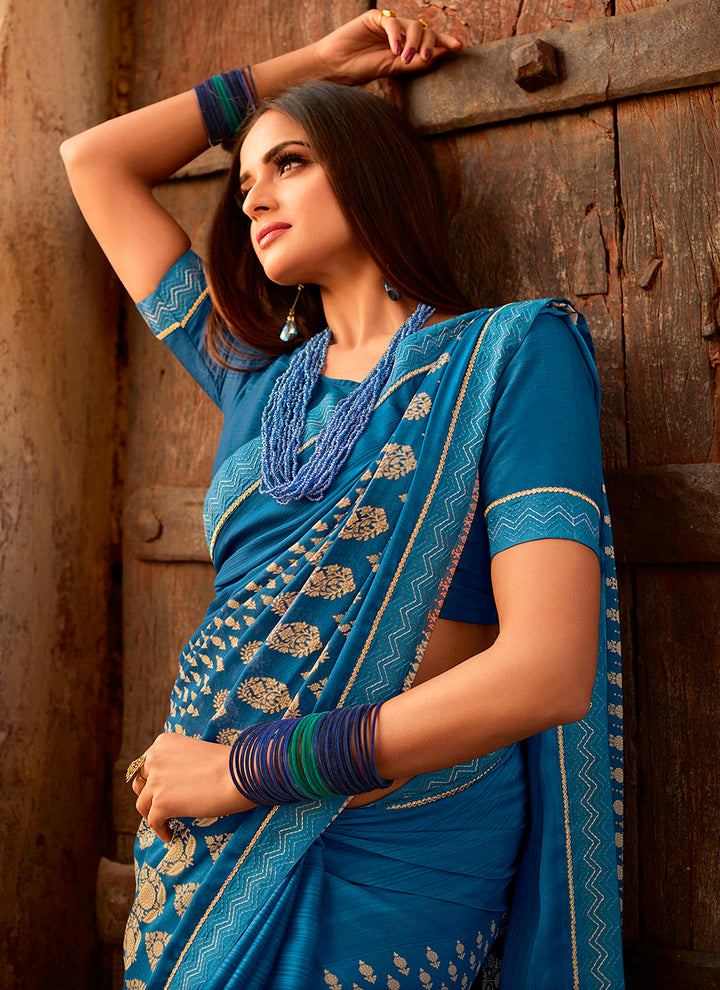 Elegant Dark Teal Blue Saree | Digital Print Georgette with Lace Work