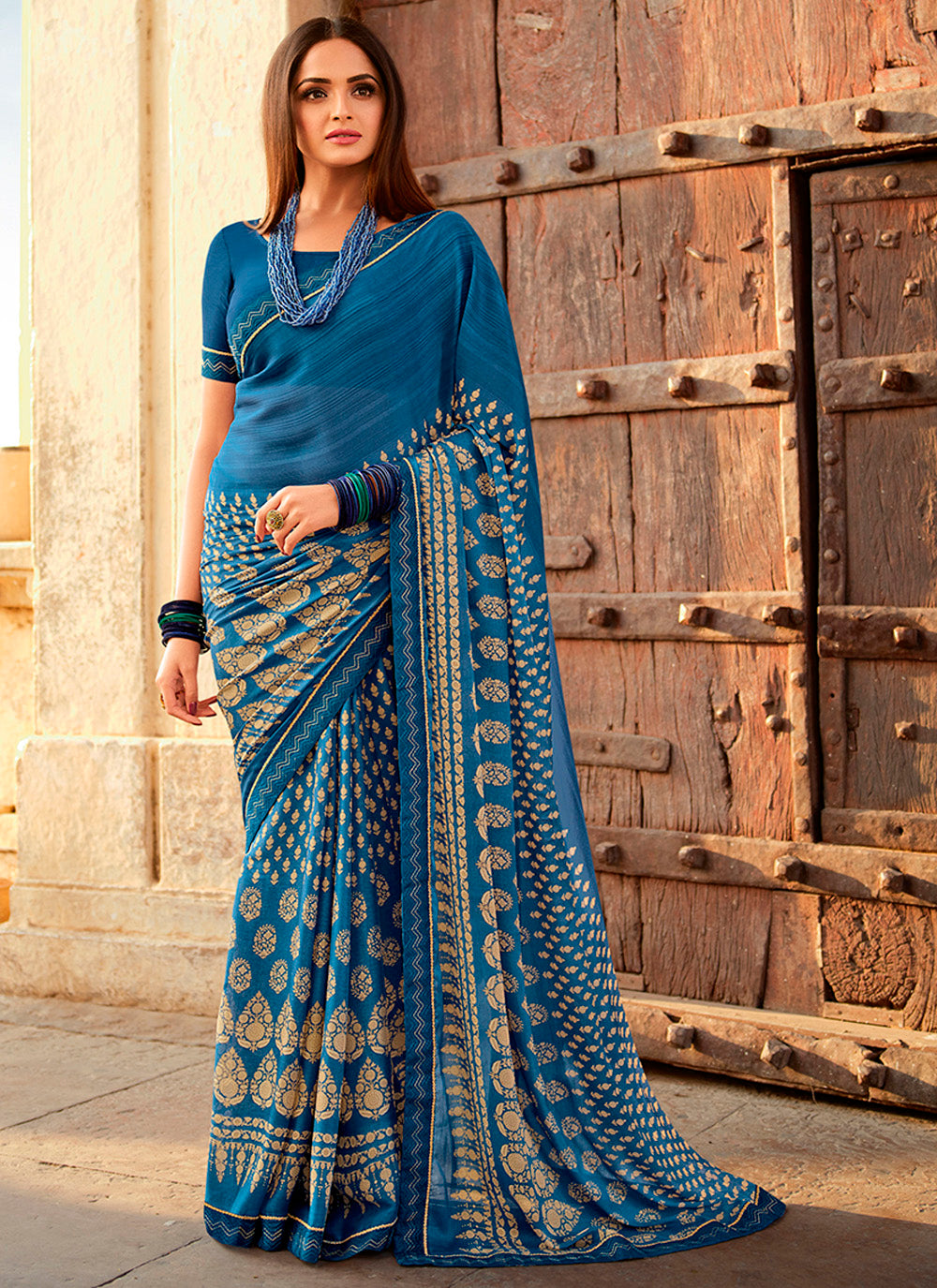 Elegant Dark Teal Blue Saree | Digital Print Georgette with Lace Work