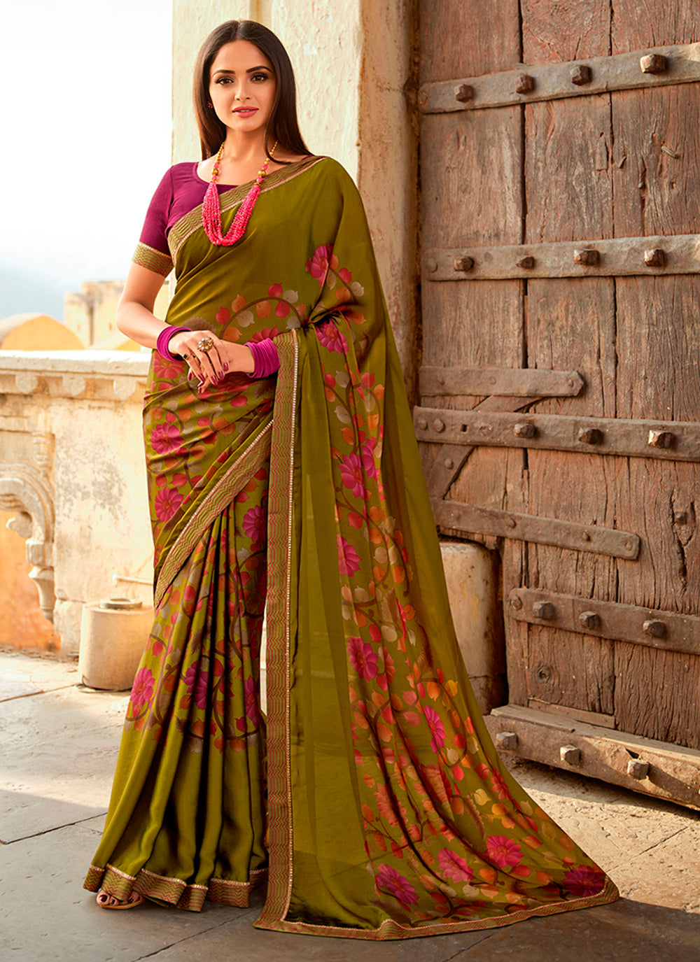 Georgette Saree with Digital Print & Lace Work | Perfect for Weddings & Events