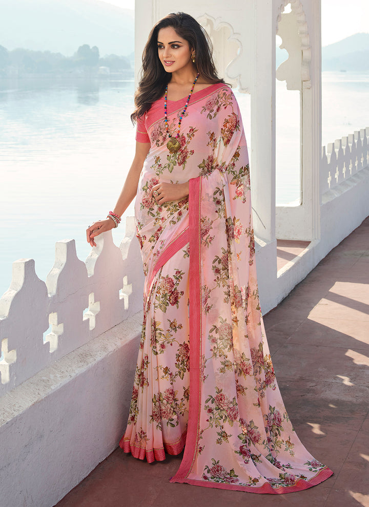 Floral-Printed Georgette Saree with Lace Work | Elegant for Special Events