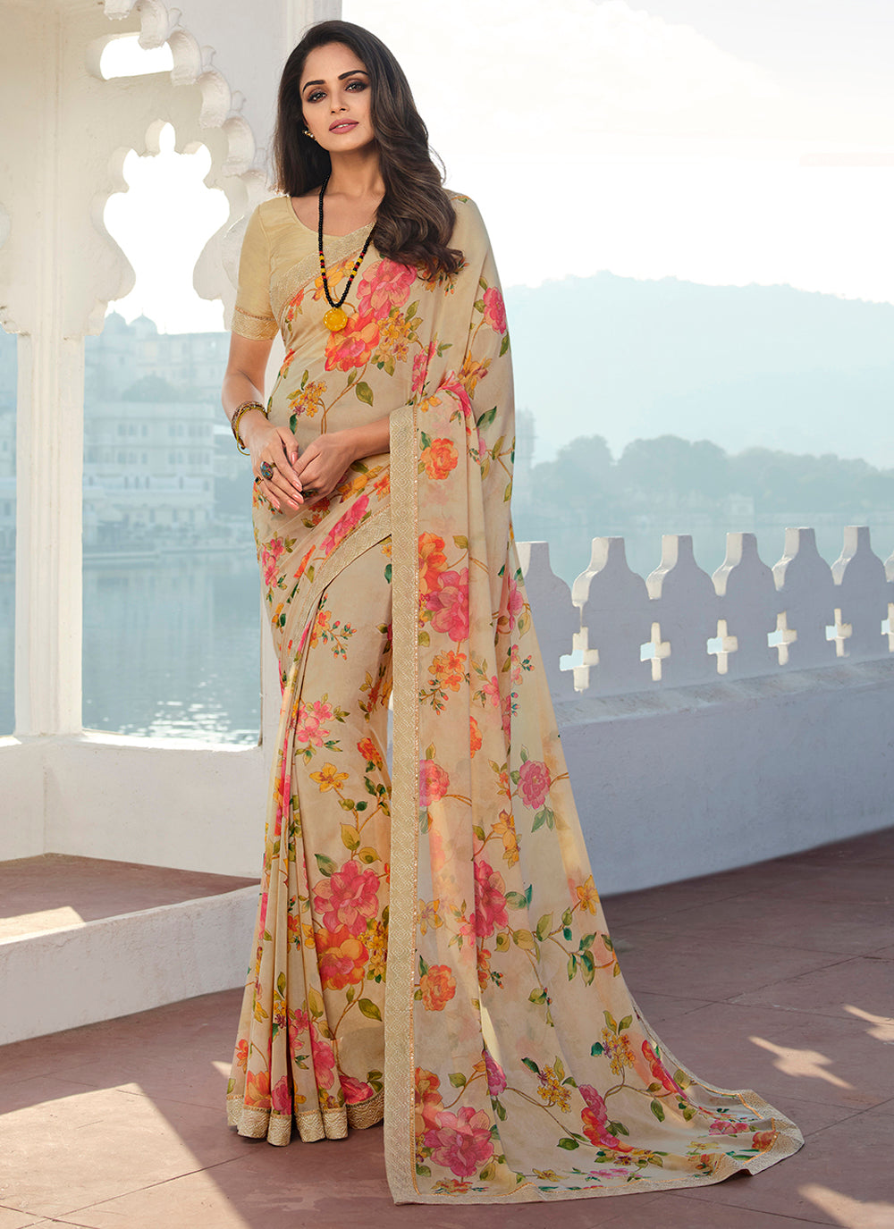 Floral-Printed Georgette Saree with Lace-Work | Perfect for Special Events