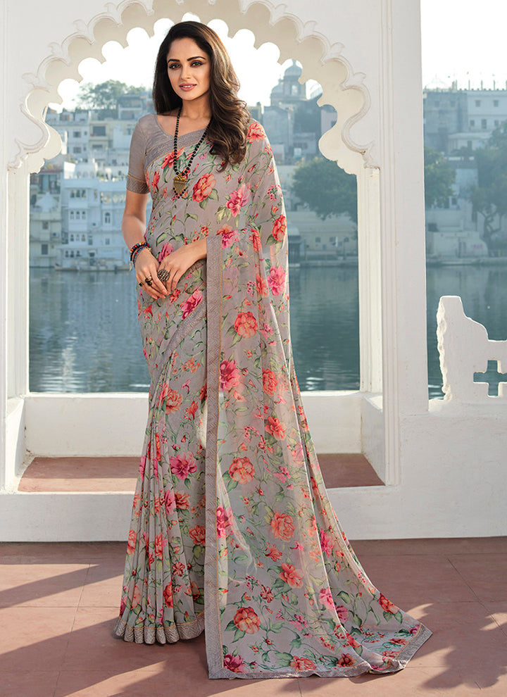 Floral-Printed Georgette Saree with Lace Work | Perfect for Special Events