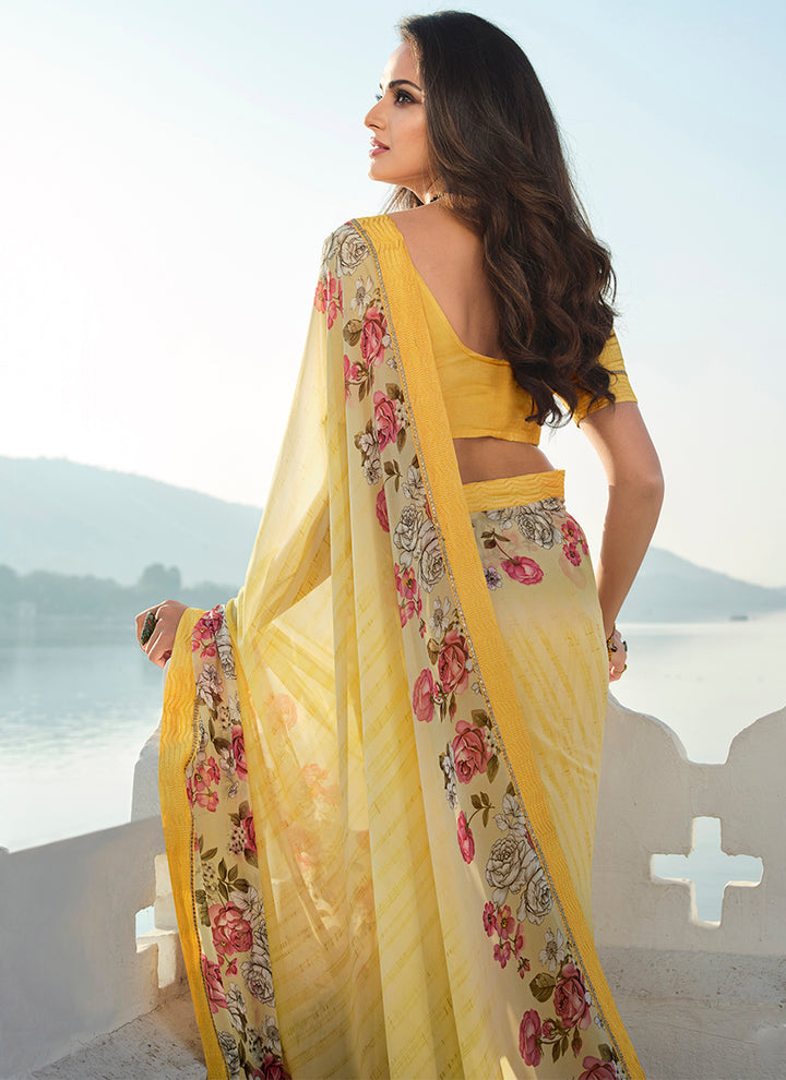 Floral-Printed Georgette Saree with Banglori Blouse | Elegant for Special Events