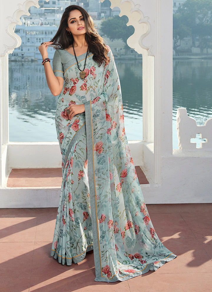 Floral Printed Georgette Saree with Lace Work | Special Event, Party & Wedding