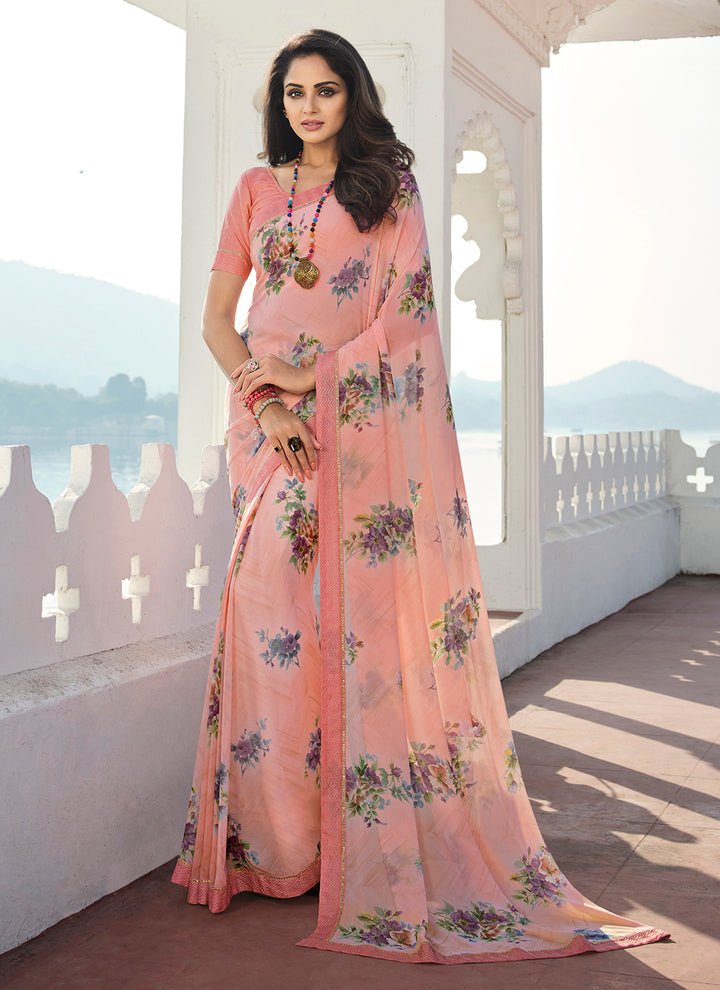 Floral-Printed Georgette Saree with Lace Work | Elegant Party & Wedding Wear