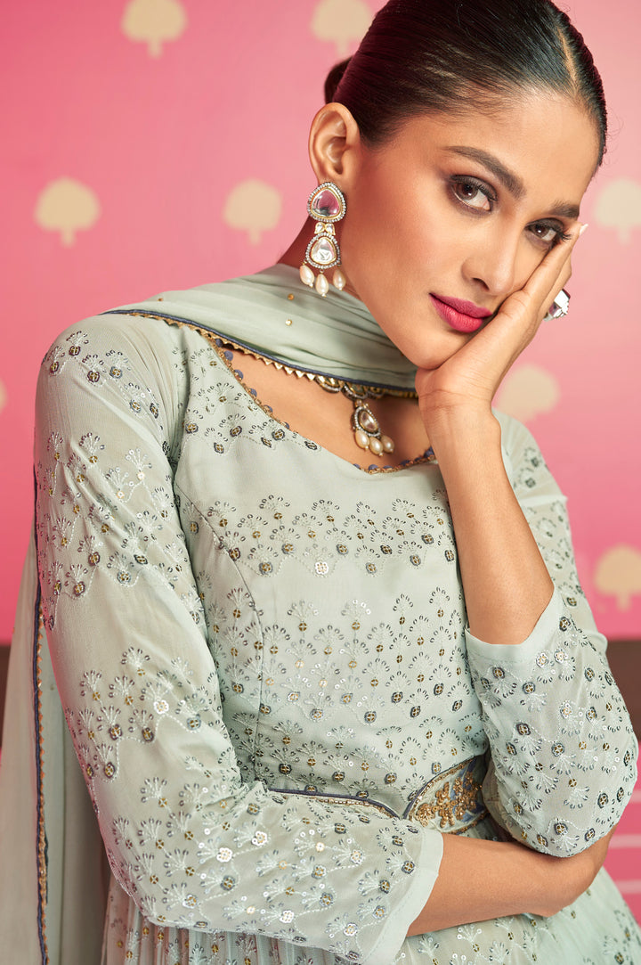 Georgette Nyra Cut Salwar Suit with Heavy Thread & Sequins Work | Festive Look