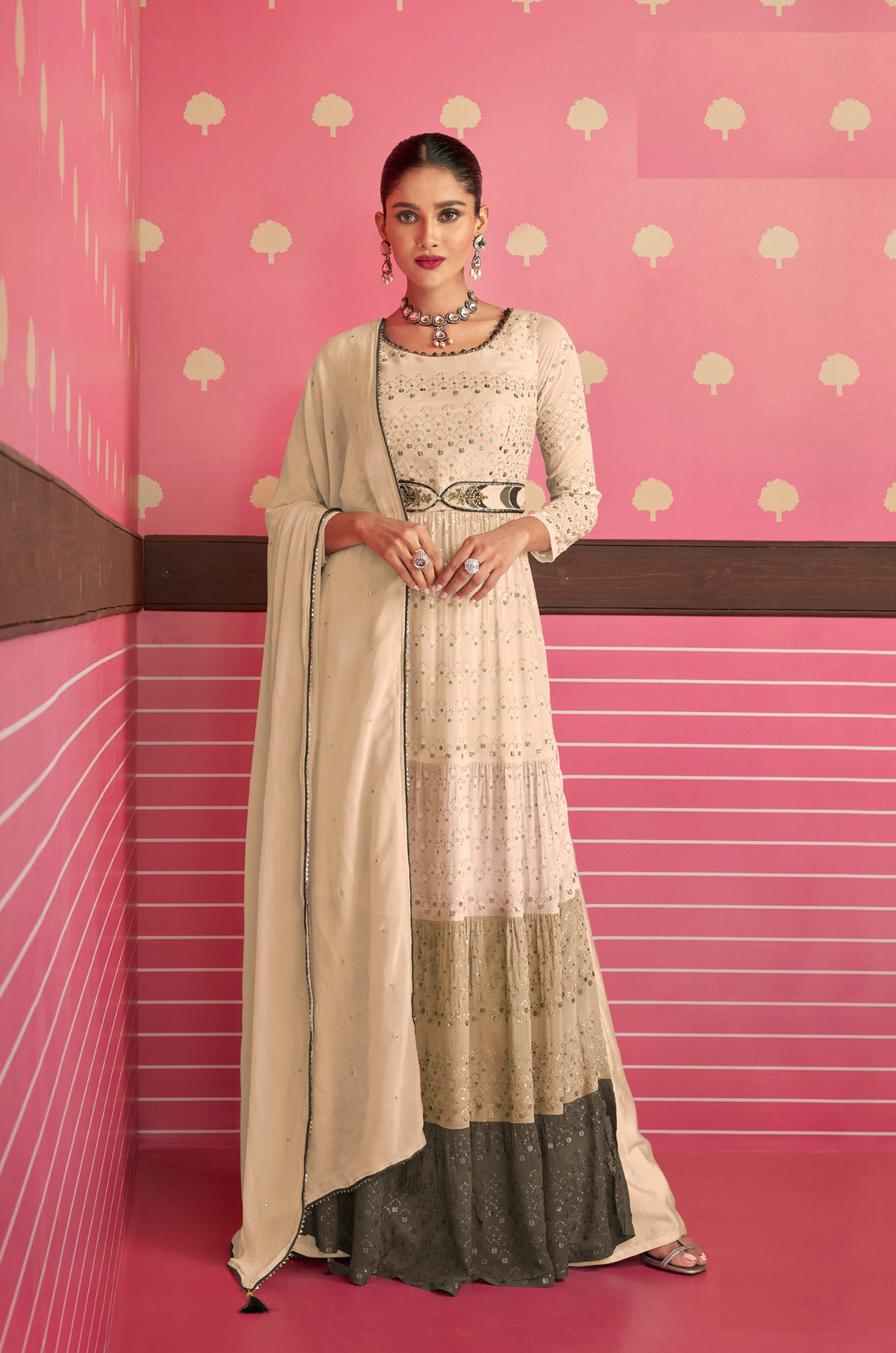 Georgette Nyra Cut Salwar Suit with Heavy Thread & Sequins Work | Festive Look