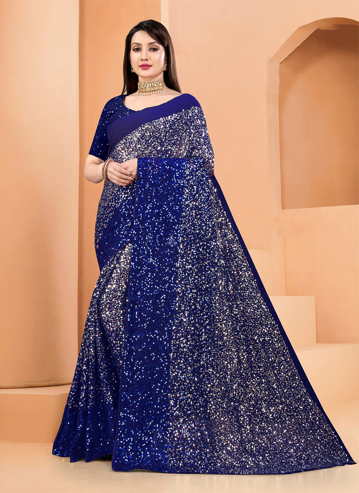 Blue Georgette Saree with Art-Silk Blouse | Heavy Sequin Embroidery for Party Wear