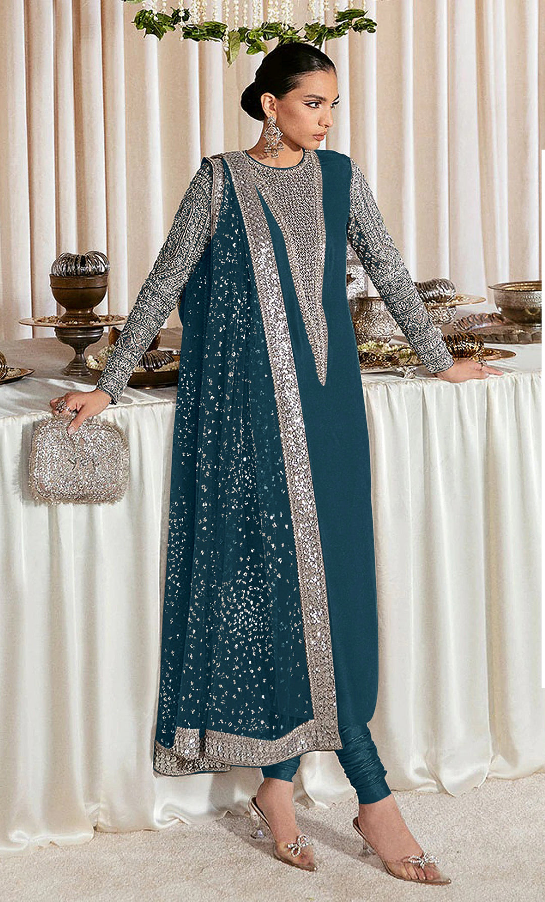 Faux Georgette Salwar Suit with Sequins Embroidery | Festive Wear