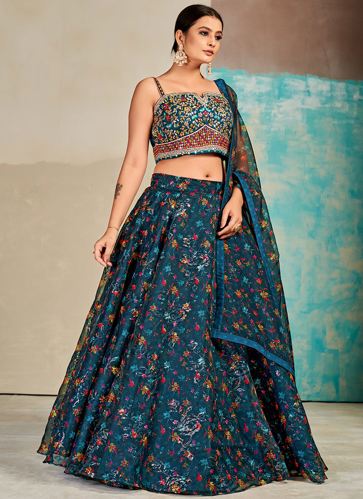 Digital Printed Organza Lehenga | Embroidered & Mirror Work for Weddings