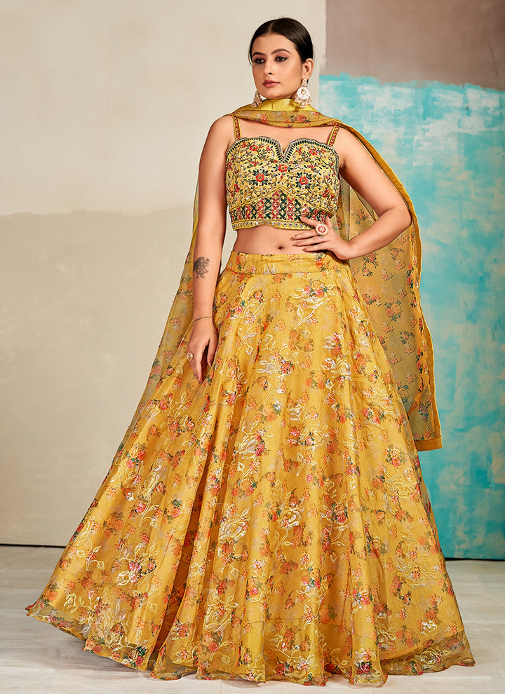 Digital Printed Organza Lehenga | Embroidered & Mirror Work for Weddings