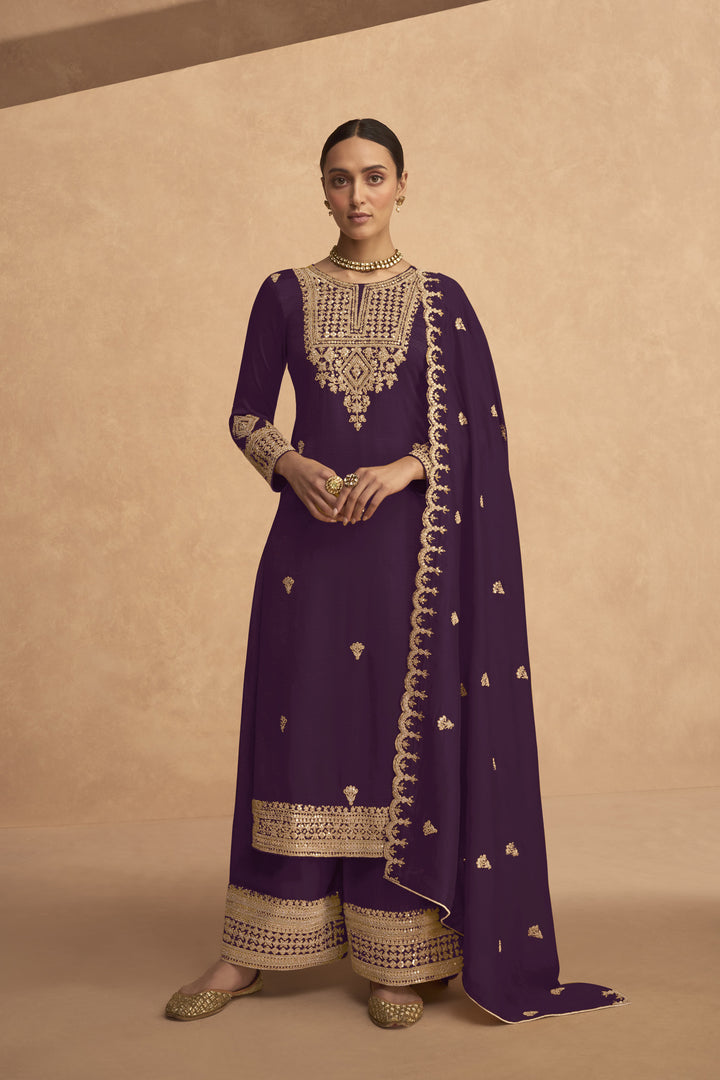 Georgette Palazzo Suit with Sequins & Jari Embroidery | Festive Wear