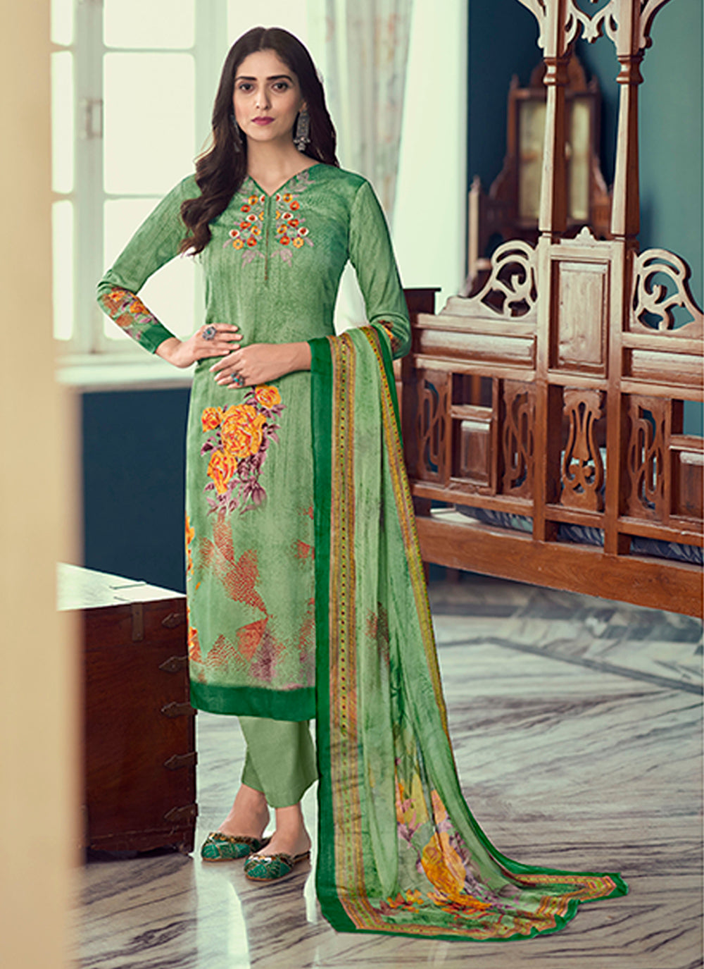 Designer Printed Salwar Kameez | Airjet Jaam Satin & Cambric Cotton | Full Sleeve | Traditional Wedding Wear