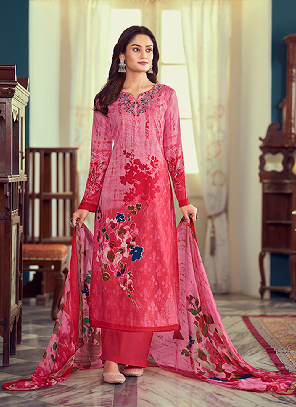 Designer-Printed Salwar Kameez | Full-Sleeve Round-Neck | Satin & Cotton | Traditional Wedding Party Wear