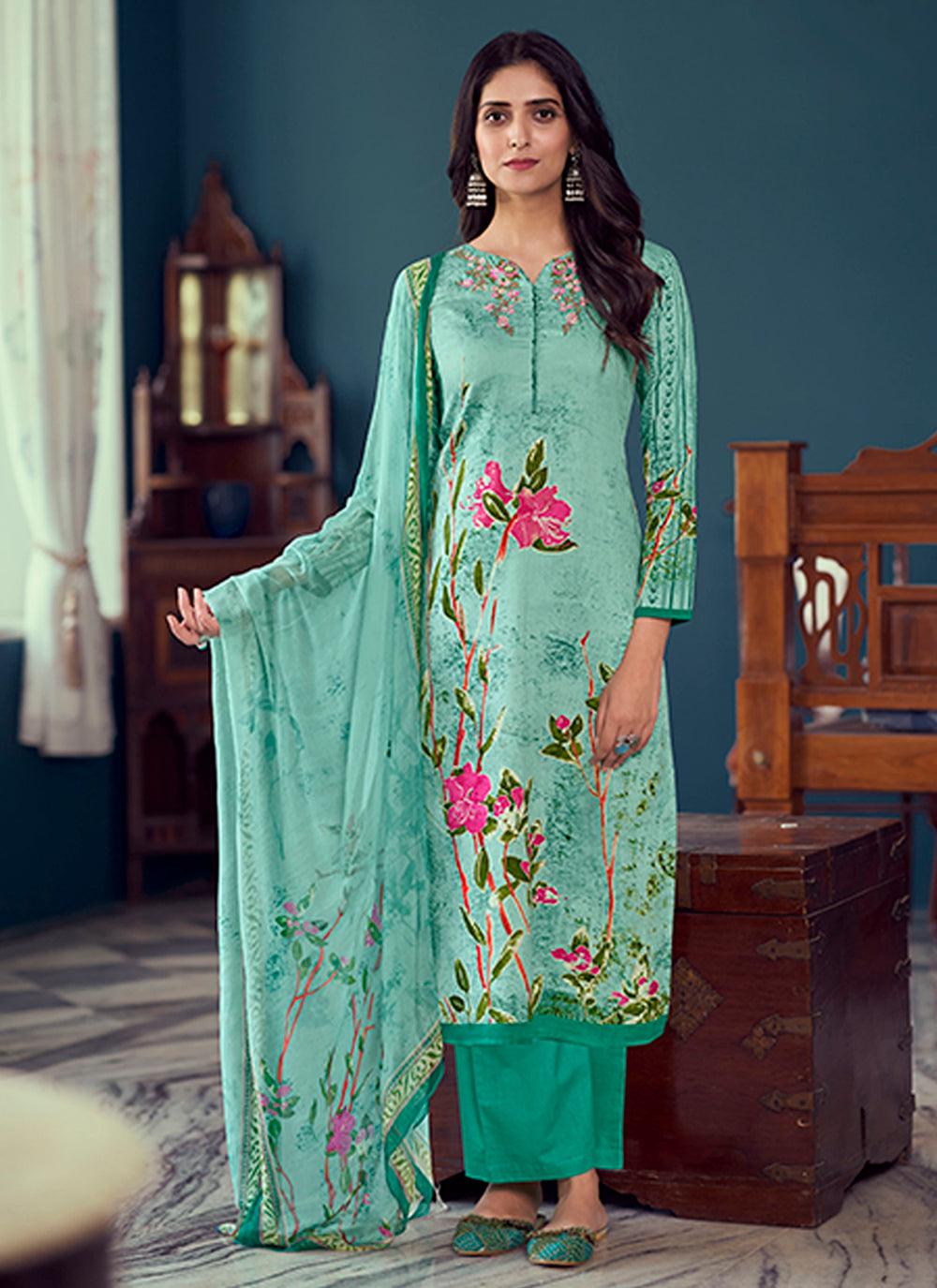 Designer Printed Salwar Kameez | Full Sleeve Round Neck | Traditional Wear