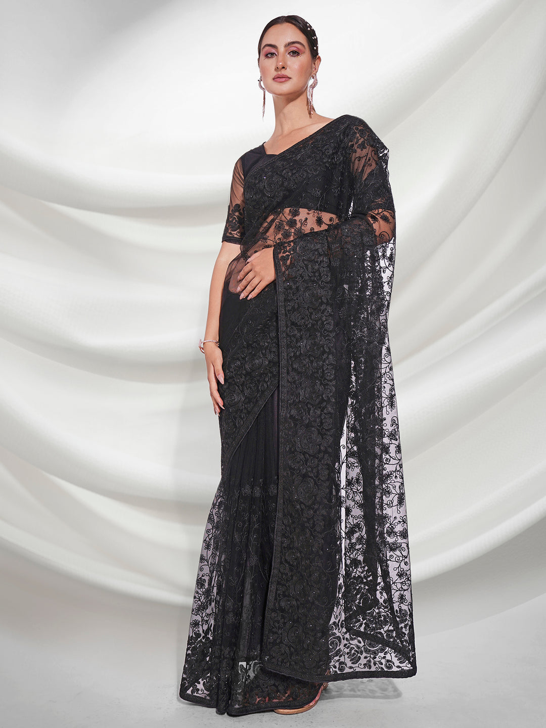 Elegant Soft-Net Saree with Thread Embroidery & Diamond Work | Special Event