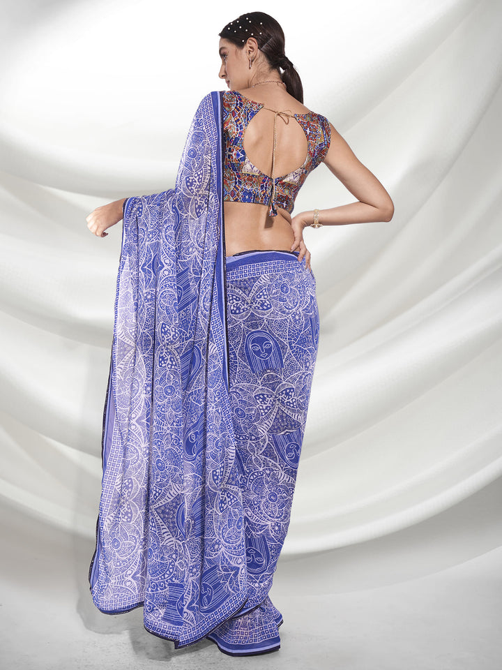 LIght Blue Designer Printed Weight-less Saree | Art-Silk Blouse for Special Events