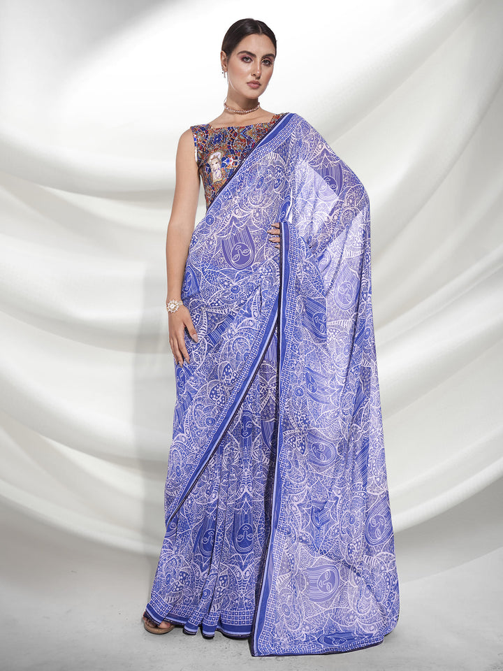 LIght Blue Designer Printed Weight-less Saree | Art-Silk Blouse for Special Events