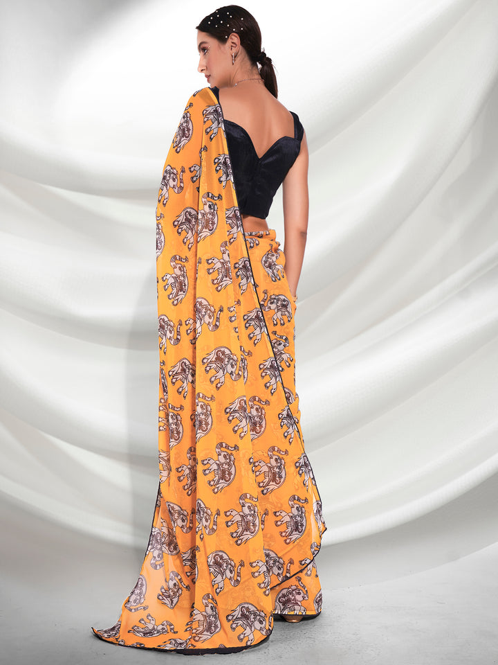 Mustard Weightless Designer Printed Saree | Art-Silk Blouse for Special Events