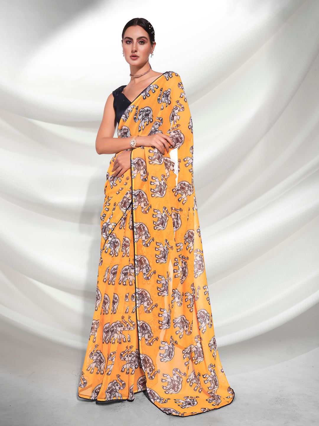 Mustard Weightless Designer Printed Saree | Art-Silk Blouse for Special Events