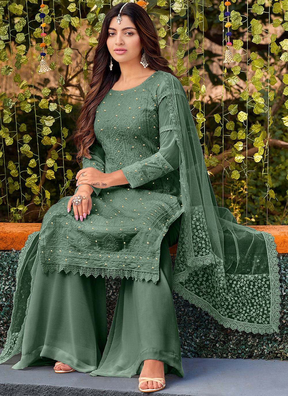 Faux-Georgette Palazzo with Thread Embroidery | Three-Quarter Sleeve | Round Neck | Traditional Wedding Party Wear